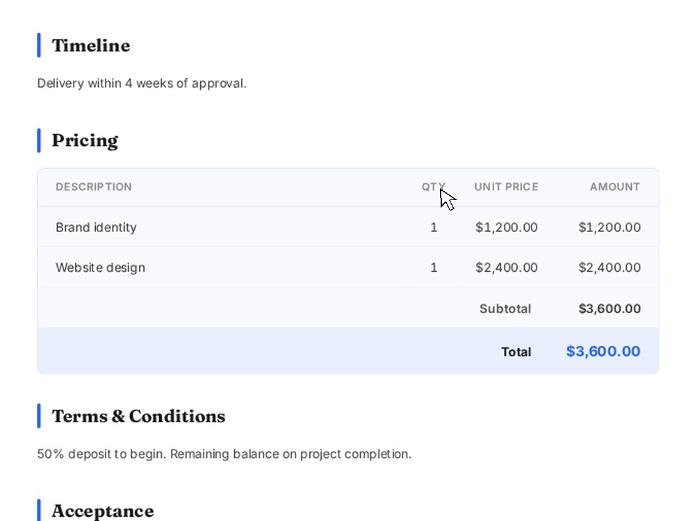 Full-screen document preview with pricing and signatures